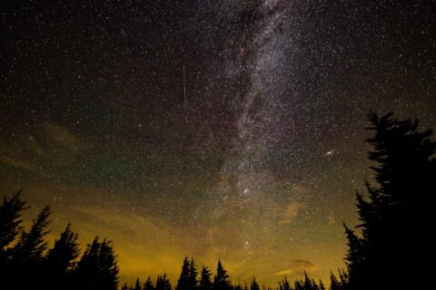 Perseid meteor yağmuru sırasında gece gökyüzünde parlayan bir meteor izi